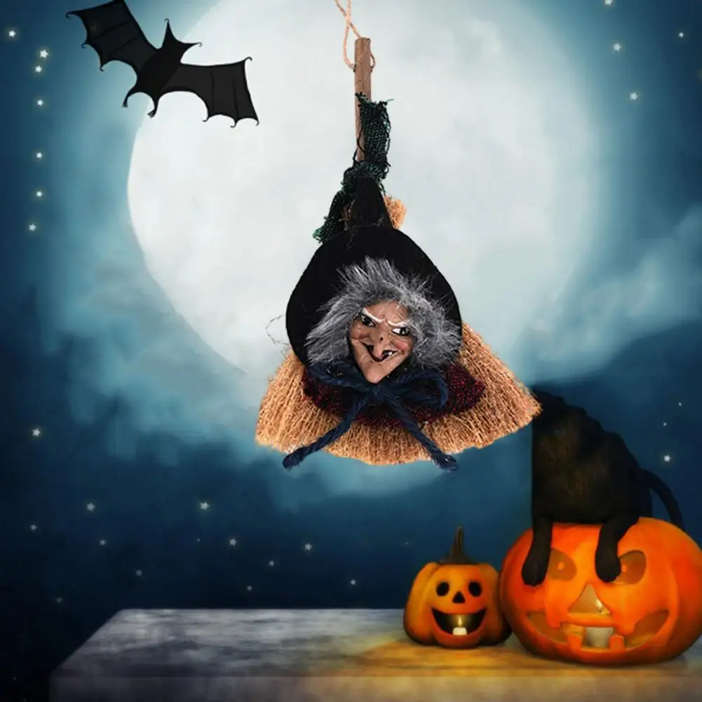 

Flying Witch Prop Spooky Halloween Decor Witch Broom Pendant Old Woman Prop Haunted House Rag for Door Window Witch Decoration