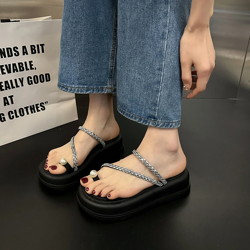 2023 Summer Women Flip Flop Shoes Fashion Crystal High Platform Flats Ladies Slippers Casual Beach Slides Female Outdoor Sandals