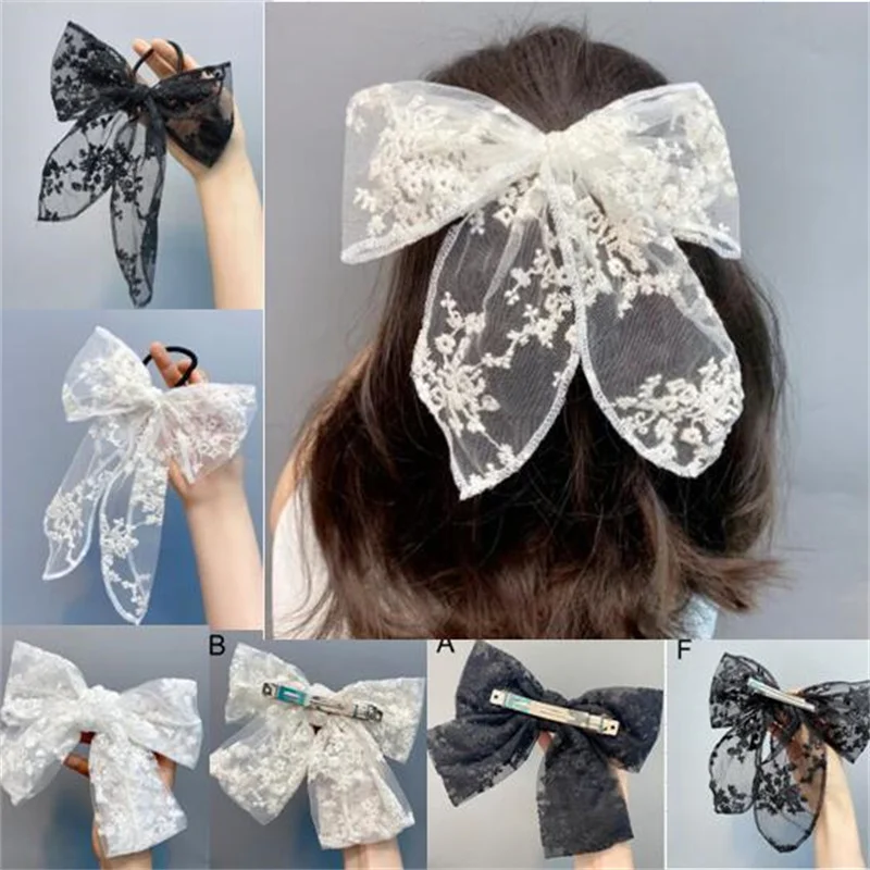 

Women Girl Big Lace Flower Bow Hairpins Hair Rope Ribbon Hair Clip Hair Accessories Fashion Headband Black White Hair Accessorie