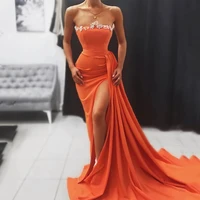 sexy orange mermaid evening dress strapless beads 2022 satin women slit prom gown with train backless sleeveless robes de soiree