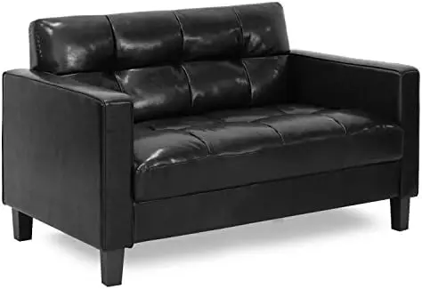 

Contemporary Tufted Faux Leather Loveseat/Sofa Couch for Living Room, Black Faux Leather