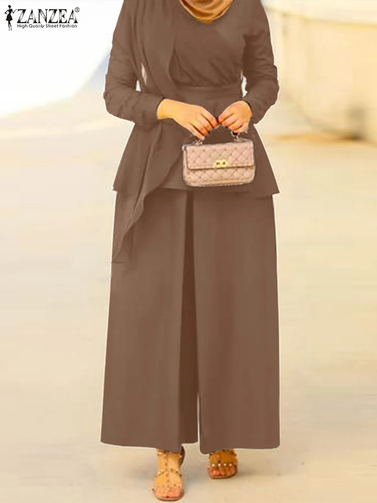

ZANZEA Spring Women Casual Muslim Sets Wide Leg Pant O-Neck Long Sleeve Blouse Tops Fashion Elegant Solid Loose Suit 2PCS 2022
