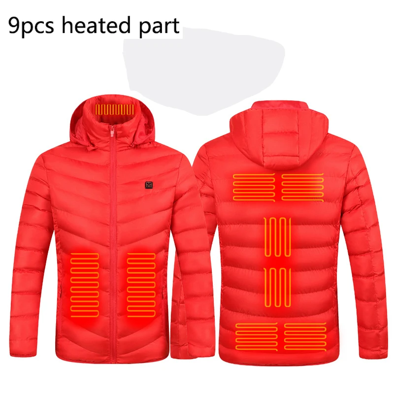 9pcs New Men Winter Warm USB Heating Jackets Smart Thermostat Pure Color Hooded Heated Clothing Waterproof Warm Jackets