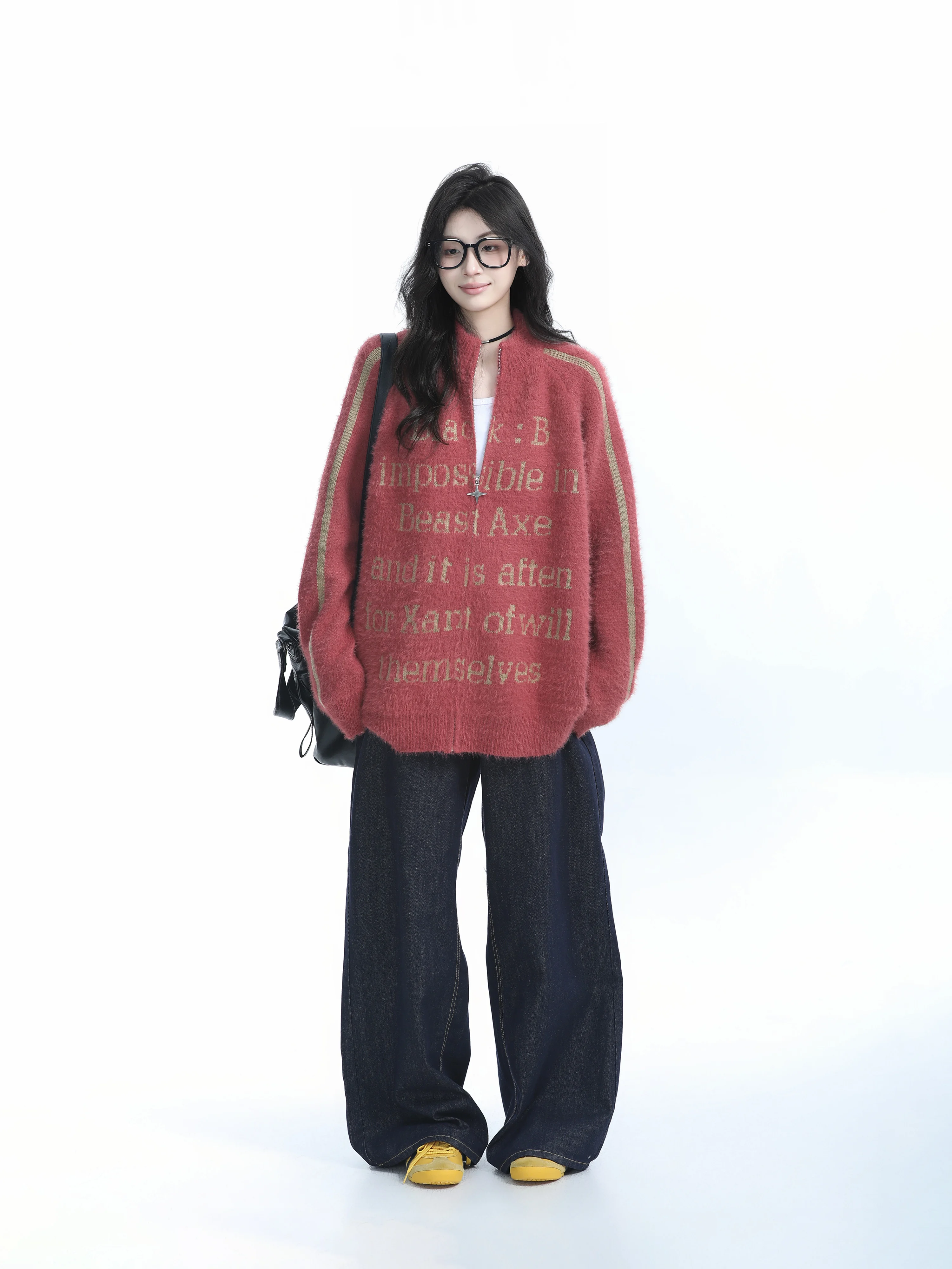 [Sitting in the Mountains] American High Street Fashion Brand Zip-up Cardigan sweater Outerwear Women Autumn and Winter Lazy ...