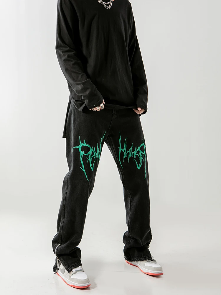 High Street Washed Embroidered Y2K Men's Hip Hop Jeans Plus Size Loose Straight American Men's Rap Hip Hop Side Zipper Trousers