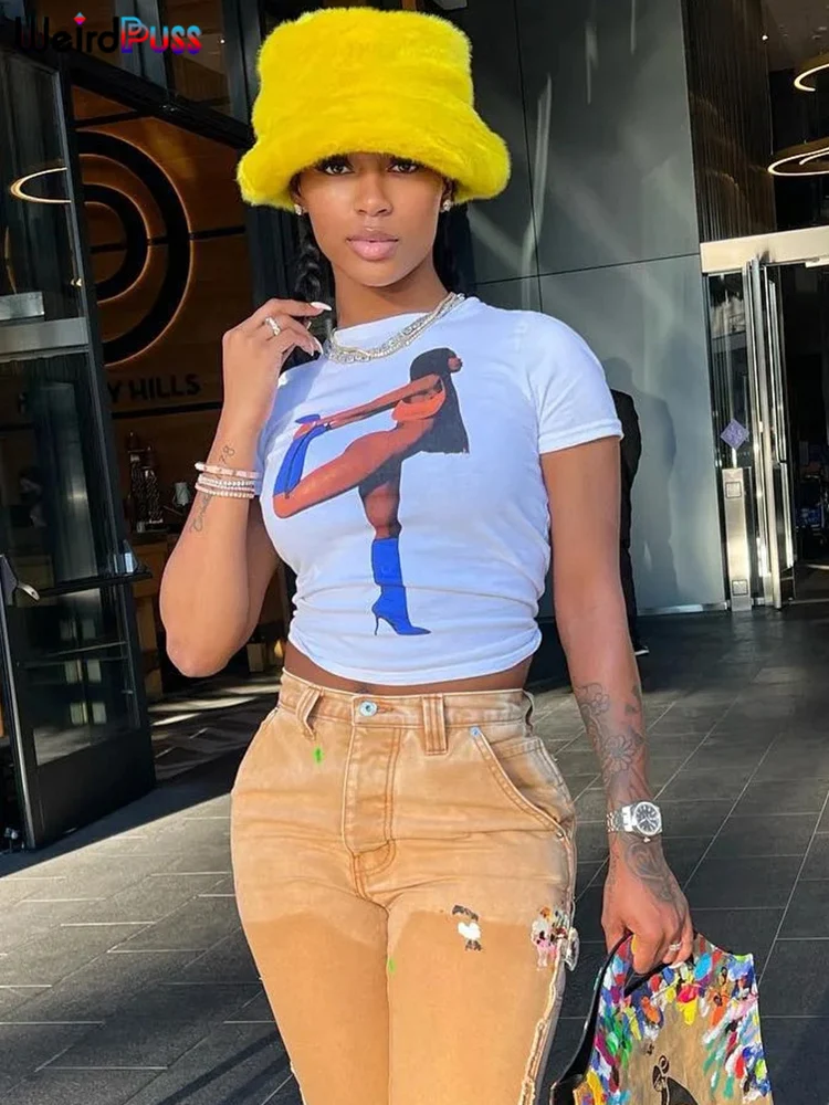 

Женский облегающий топ с коротким рукавом и принтом, из хлопка