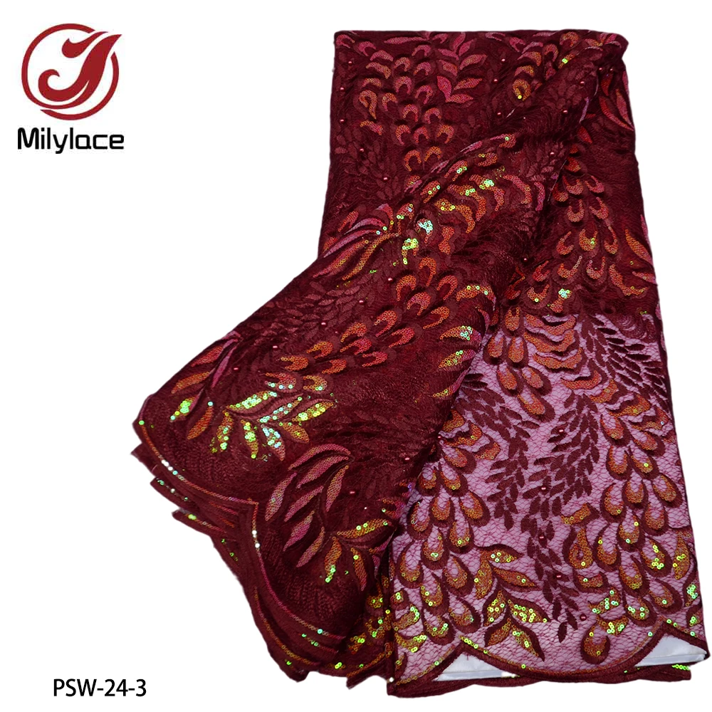 

High Quality Sequin Lace Fabric Nigeria Net Lace African French Tulle Lace Fabric for Wedding Party Beaded PSW-24