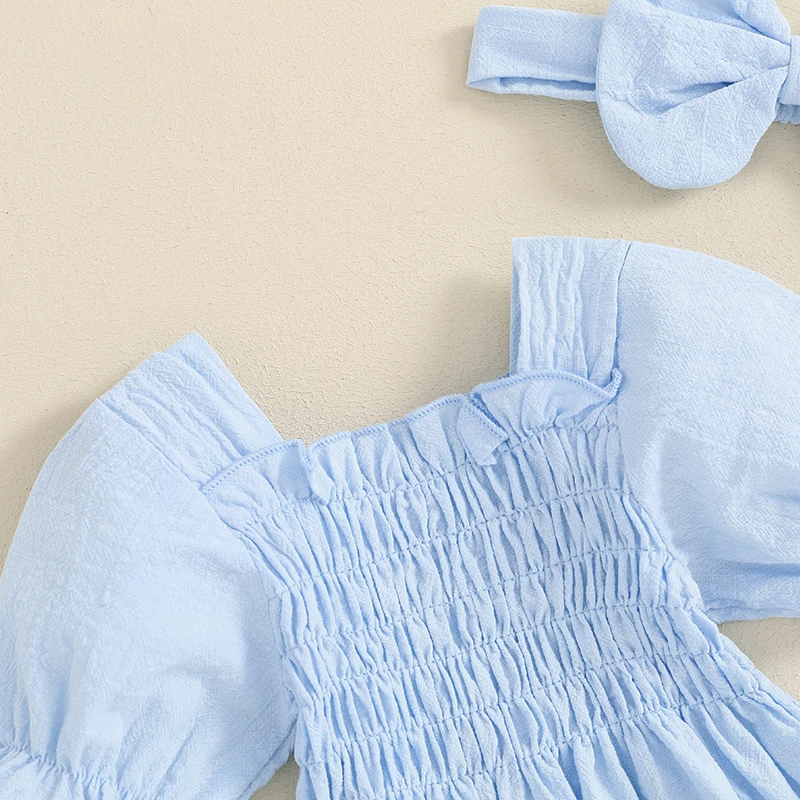 Летний однотонный комбинезон с рукавами-фонариками и оборками