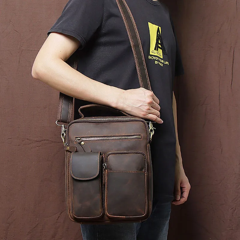 Retro Men's Messenger Bag Crazy Horse Leather Men's Vertical Leather Shoulder Bag Business Casual Handbag Leather Briefcase