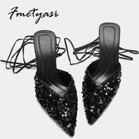 bling heels women sandals summer pointed toe ankle strap gladiator sandals glitter sequined lace up party dress shoes sandals