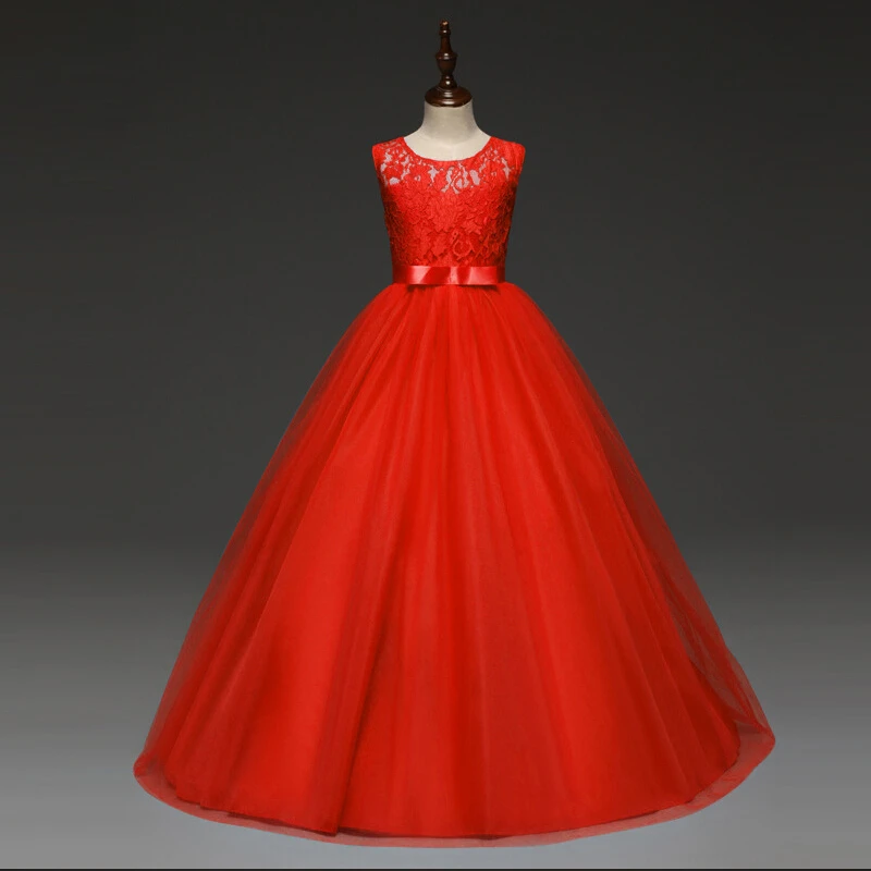 

5-14 Years Kids Dresses For Girls Wedding Party Lace Girl Dress Bridesmaid Clothes Princess Teen Girl Red Tulle Evening Gowns