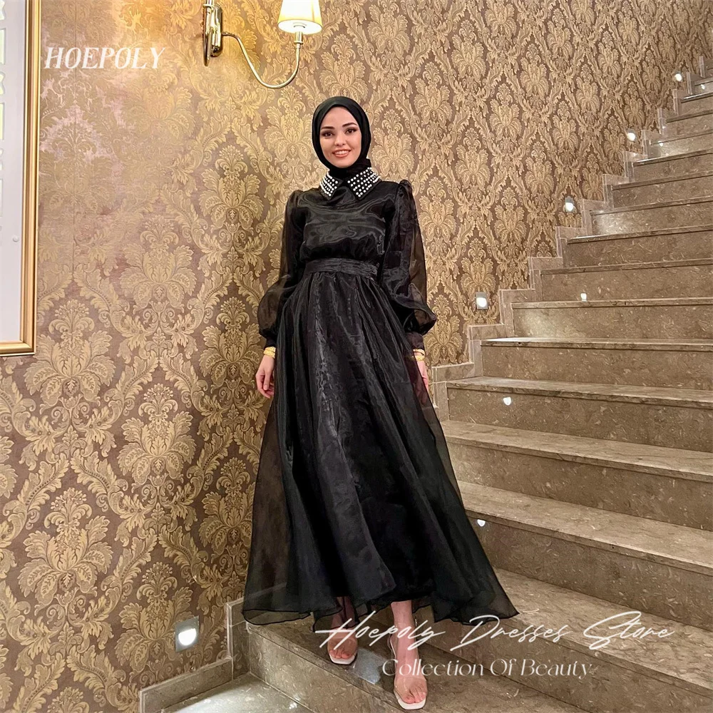 

Hoepoly Elegant High Neck With Pearls Muslim Arabic Women Evening Dresses Puff Long Sleeves Modest Party Casual Dress New 2023
