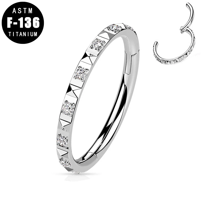 

ASTM F136 Titanium Nose Ring Piercing Ear Helix Cartilage Tragus Earrings Zircon Pyramid Cuts Septum Clicker Ring Hoop Jewelry