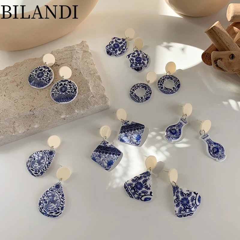 

Bilandi Retro Jewelry Geometric Drop Earrings Hot Sale Vintage Temperament Blue Pattern Resin Dangle Earrings For Party Gifts
