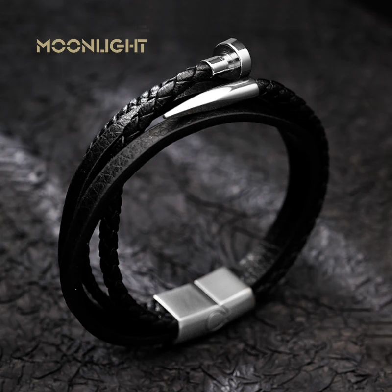 

Fashion Multilayer Braided Genuine Leather Nail Bracelet for Men Simple Leisure Jewelry Stainless Steel Buckle Hand Bangles Gift