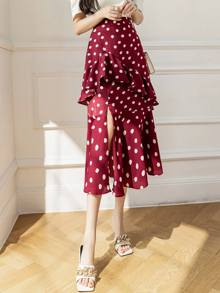 

Chic Polka Dot Long Skirt Female 2023 Spring Desgin Style Chiffon Ruffles Skirts Women Korean Fashion Slit Streetwear Faldas New