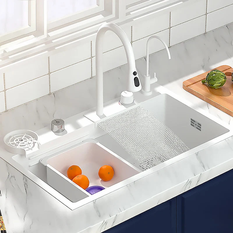 

Waterfall Sink Kitchen 304 Stainless Steel Sink White Large Single Slot Modern Multifuctional Sink With Waterfall Faucet
