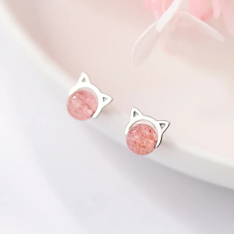 

Cute Cat's Stud Earrings Silver Strawberry Stone Adjustable Rings Fine Jewelry for Women Girls Party Romantic Accessories Gift