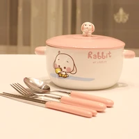 cartoon bunny bowl ceramic with lid binaural cute household large instant noodles work students creative soup spaghetti large