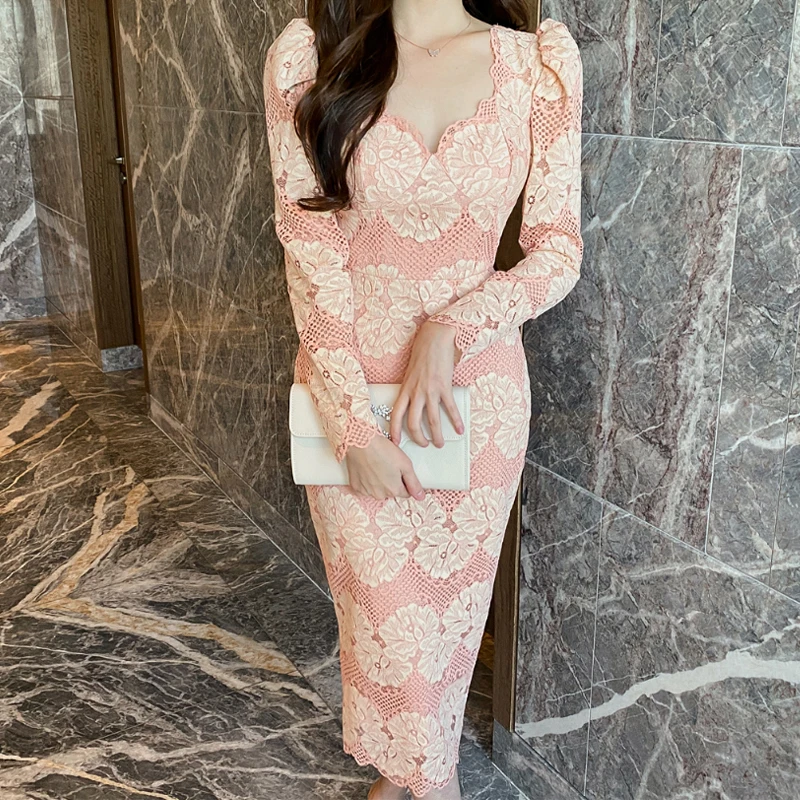 

High Quality Runway Spring Korean Fashion Sweet Women's Long Sleeve Lace Mesh Patchwork Dresses Office Work Vesitdos