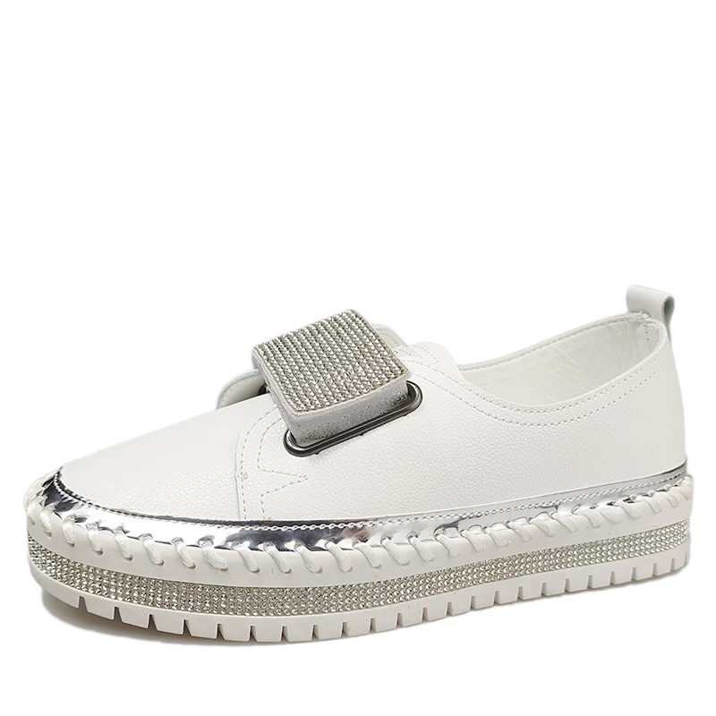 Luxurywoman Crystals Round Toe Flats Loafers Women 3cm Chunky Sole Platform Casual Female Shoes Big Szie 43