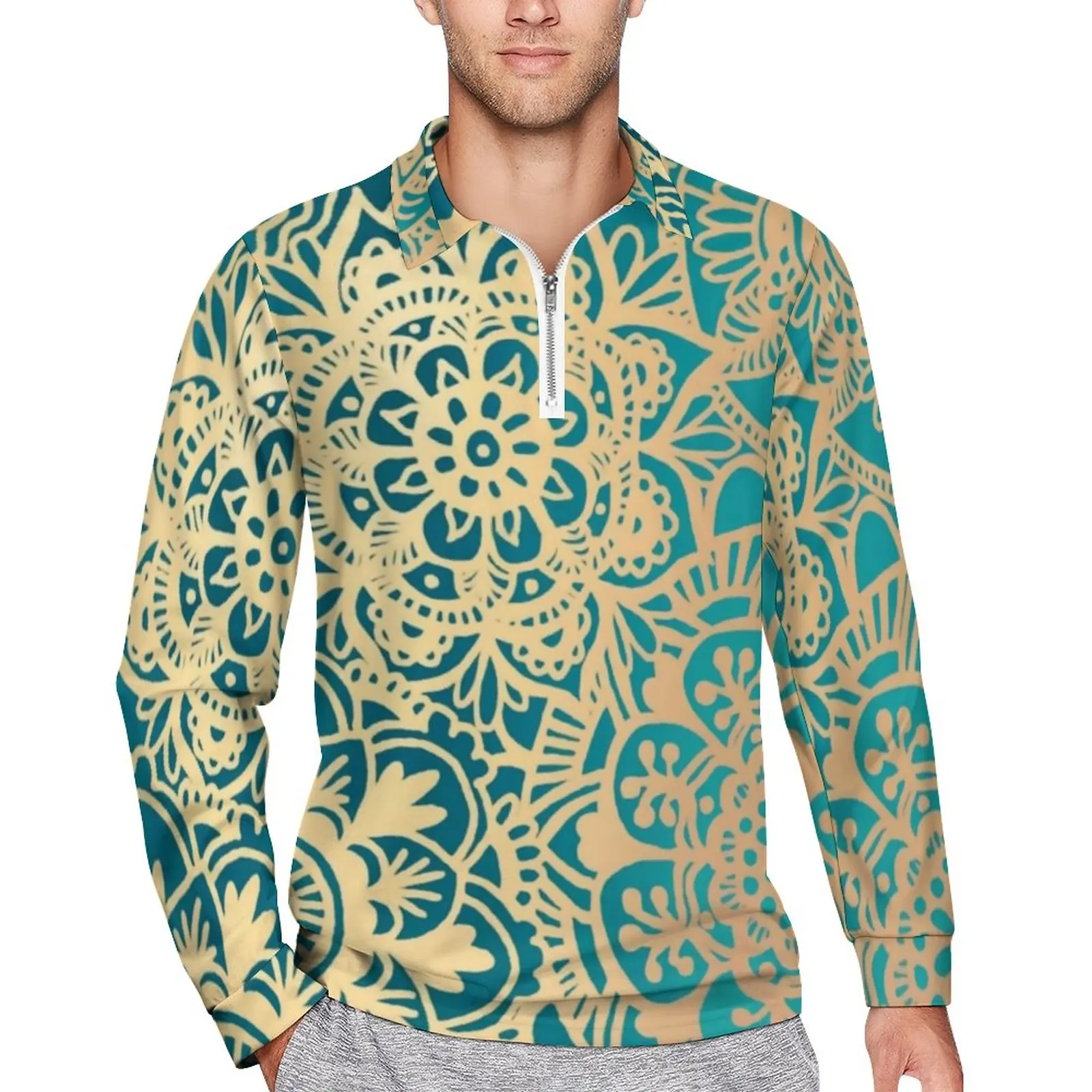 

Gold Mandala Polo Shirt Male Retro Bohemian Print Casual Shirt Autumn Retro Collar T-Shirts Long Sleeve Design Oversized Top