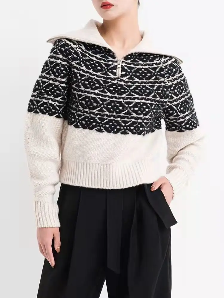 

Women Sweater Jacquard Crochet Turn Down Collar Half Zipper Long Sleeve Fashion Knitting Pullover