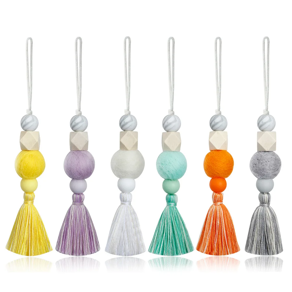 

Car Pendant Interior Tassel Natural Wood Silicone Bead Felt Ball Perfume Diffuser Auto Rearview Mirror Tassel Pendants