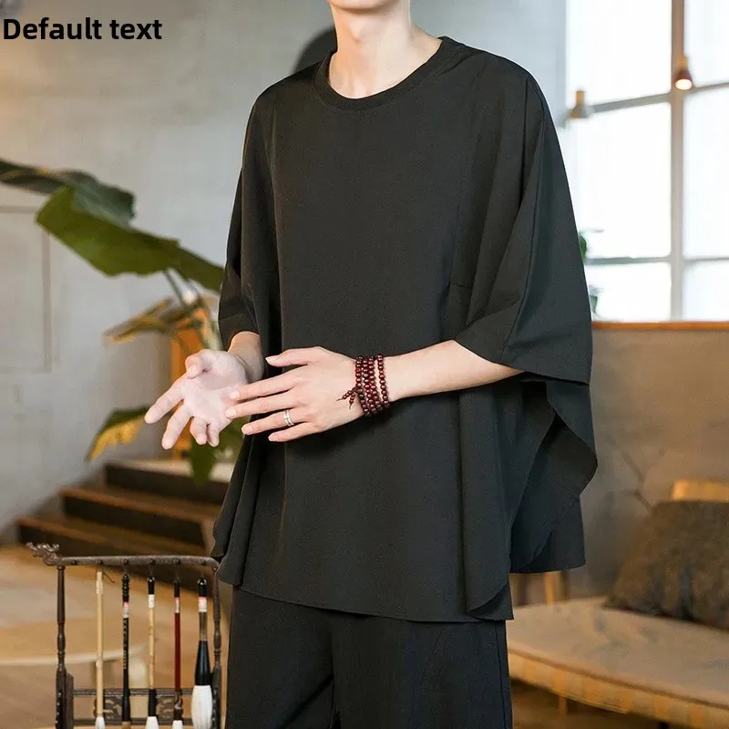 Mountain Born Yesi Dull Black Batwing Sleeved T-Shirt Niche Design SensibilityBottom Side Slitshort Sleeves Draped Ice Silk Body