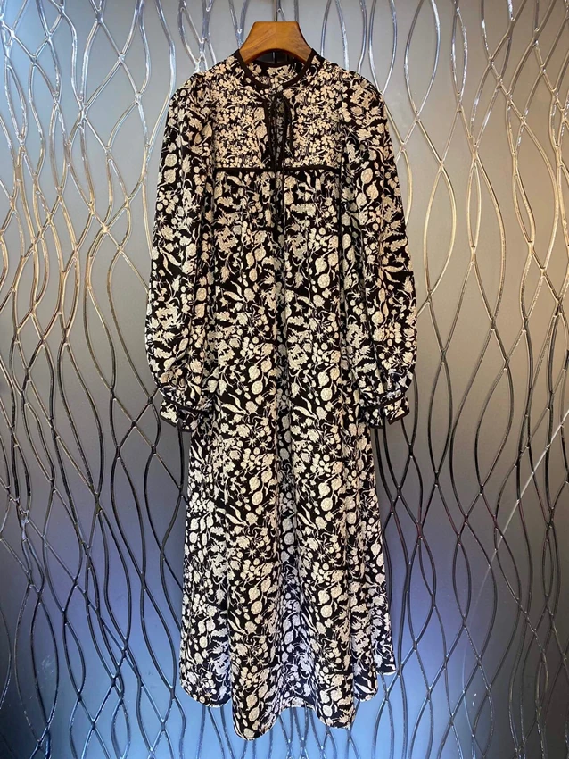 

2023 new women fashion long sleeve crew neck neckline strap floral temperament simple long dress dress 0509