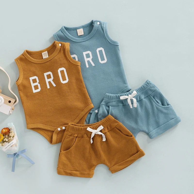 

Summer Newborn Set Infant Baby Boy Clothes Sleeveless Bro Letter Print Romper Drawstring Shorts Casual Outfit Clothing