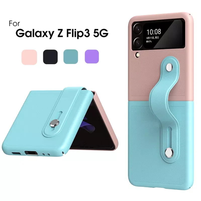 New in Case with Retractable Wrist Strap for samsung Galaxy Z Flip 3 5G Luxury PU Leather Case Dual Color Z Flip 3 Back Cover ph
