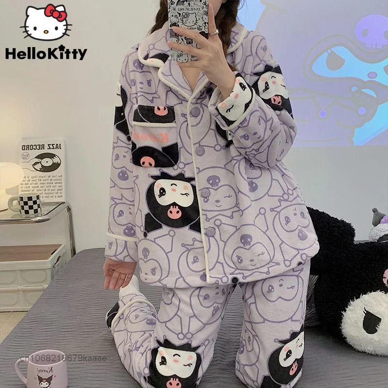 Sanrio Kuromi New Flannel Home Clothes Soft Plush Pajamas Suit Y2k Cartoon Cardigan Tops Pants 2 Piece Set Women Cute Sleepwear