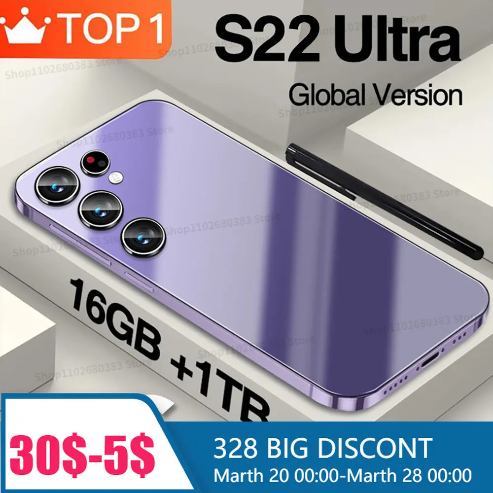 

S22 Ultra SmartPhone Original 7.0 HD 4G 5G Dual Sim Celular 16GB+1TB Android 13 Mobile Phones Unlocked 72MP 6800mAh Cell Phone