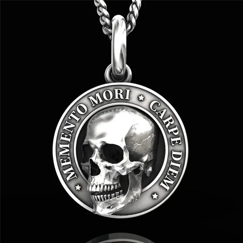 

Vintage Ethic Memento Mori Carpe Diem Letter Skull Necklace For Men Fashion Punk Christmas Skeleton Necklaces For Women