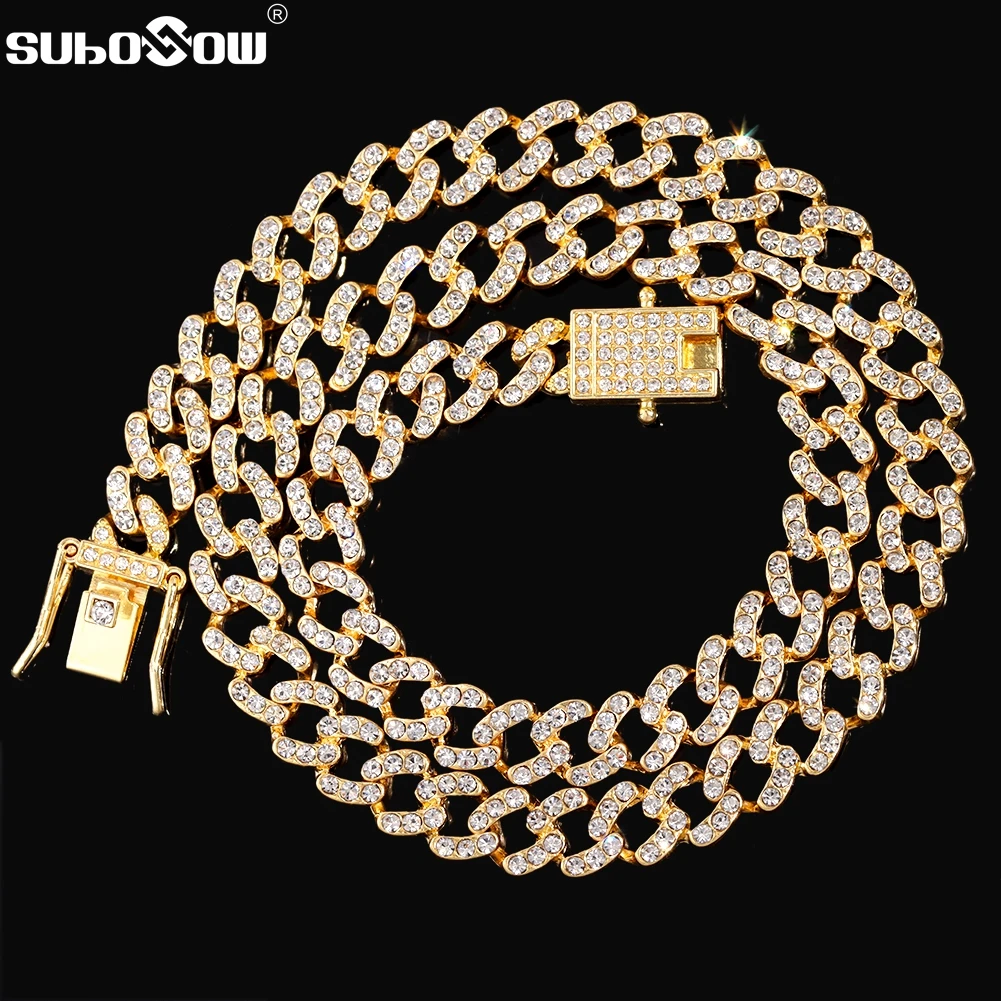 

Bling 9MM Width Cuban Necklace for Women Gold Silver Color Full Rhinestones Miami Cuban Link Chain Necklaces Hip Hop Jewelry