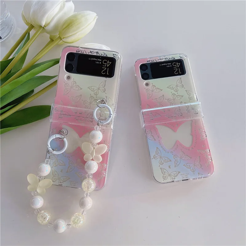 

Ins Hollow Butterfly Phone Case with Lanyard for Samsung Galaxy ZFlip 4 3 Hard Cover for ZFlip5 Zflip4 Solid Shell Bracket