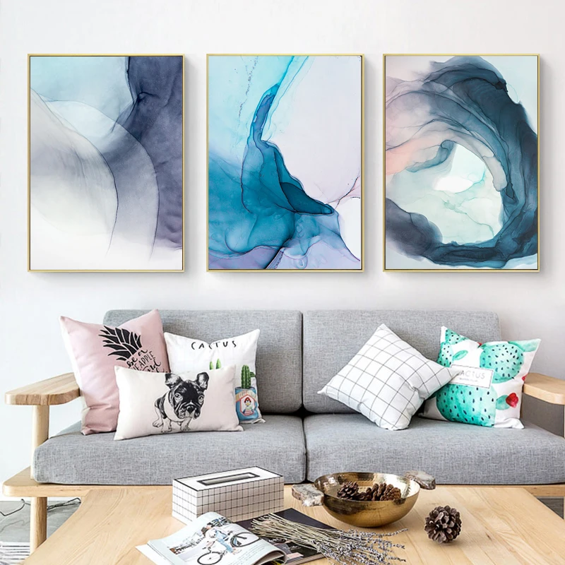 

Абстрактная Картина на холсте, настенное искусство, синие чернила, цветение, фотообои для гостиной