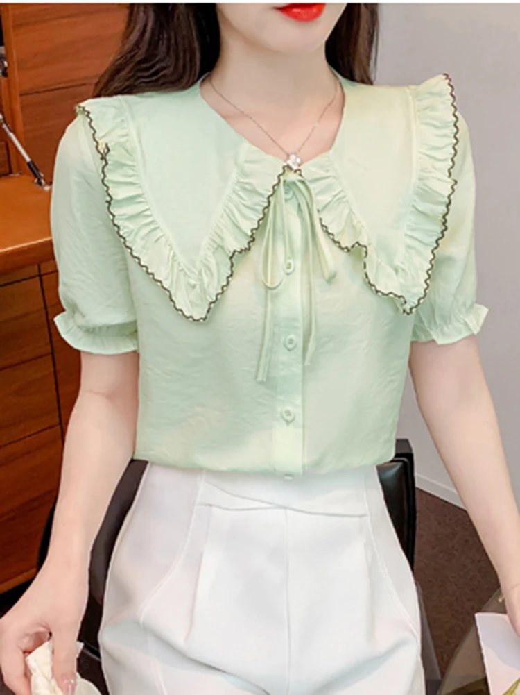 

Ruffled Blouse Shirt Women 2022 Summer Woman Clothes Fashion Lacing Bow Short Sleeve Top Blouses Femme Cardigan Camisas De Mujer