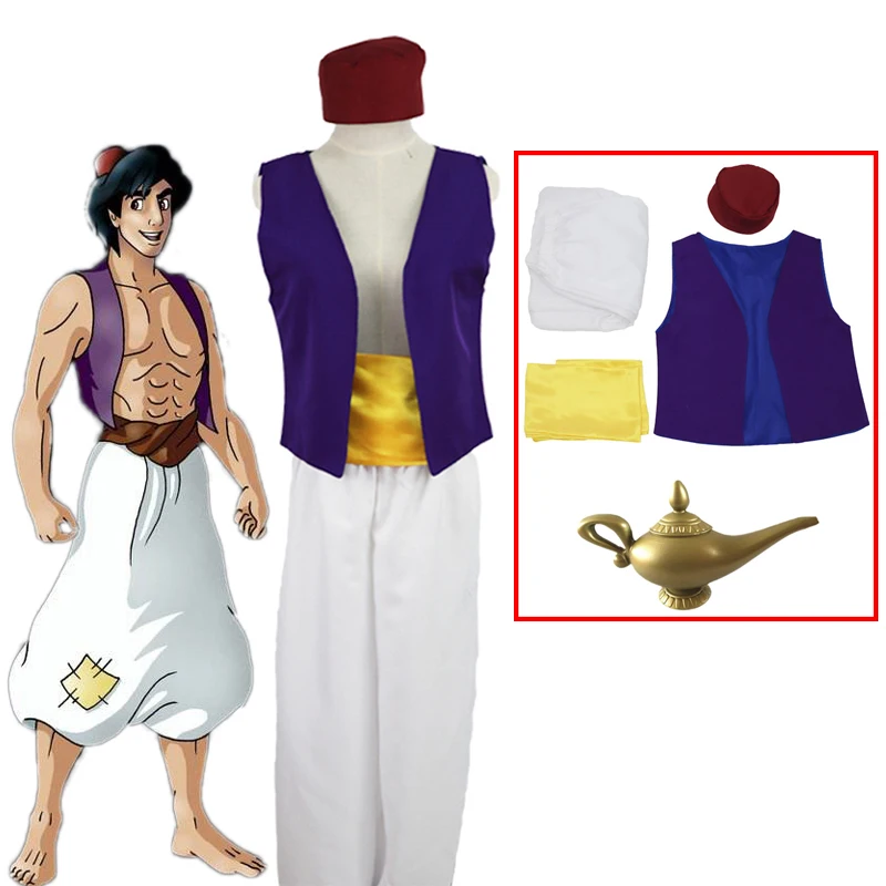 

Halloween Carnival Adult Mythical Aladin Cosplay Costume Including Plastic Lamp Model Vest Belt Pants Hat