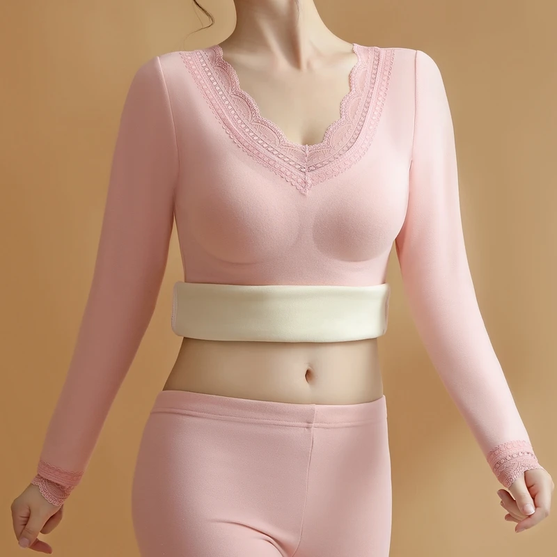 Sexy Lace Women's Thermal Underwear With Bra Winter Thermo Lingerie  Slimming Warm Bottoming V Neck Warm Top