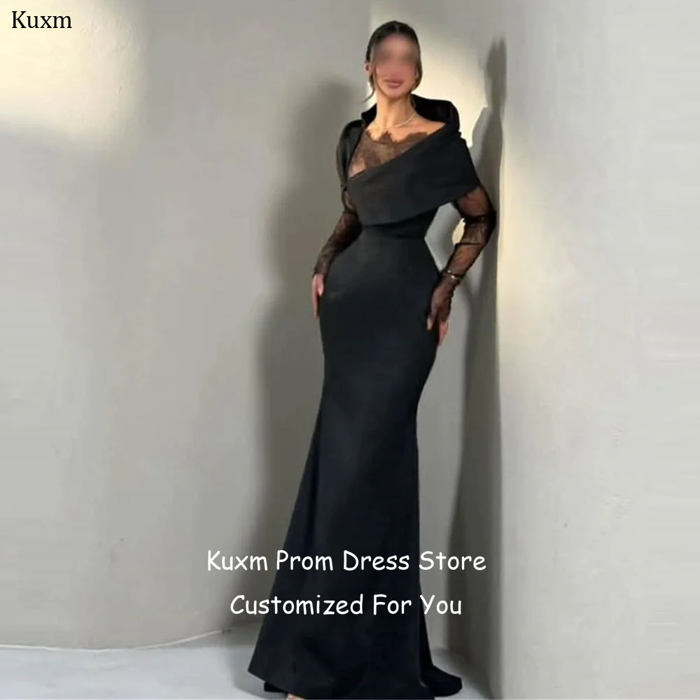 Фото Вечерние платья Kuxm Fashion из атласа, фасон «русалка», с длинными рукавами, кружевные, без бретелек, для выпускного вечера, с рукавами-крылышками, в пол, для вечеринок, на заказ №1