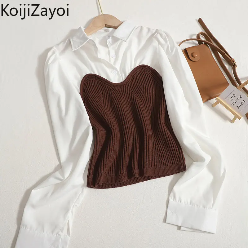 

Koijizayoi Spring Autumn Women Fashion Blouse Office Lady Knitted Patchwork Shirt 2022 New Fake Two Pieces Blusas Ropa Mujer