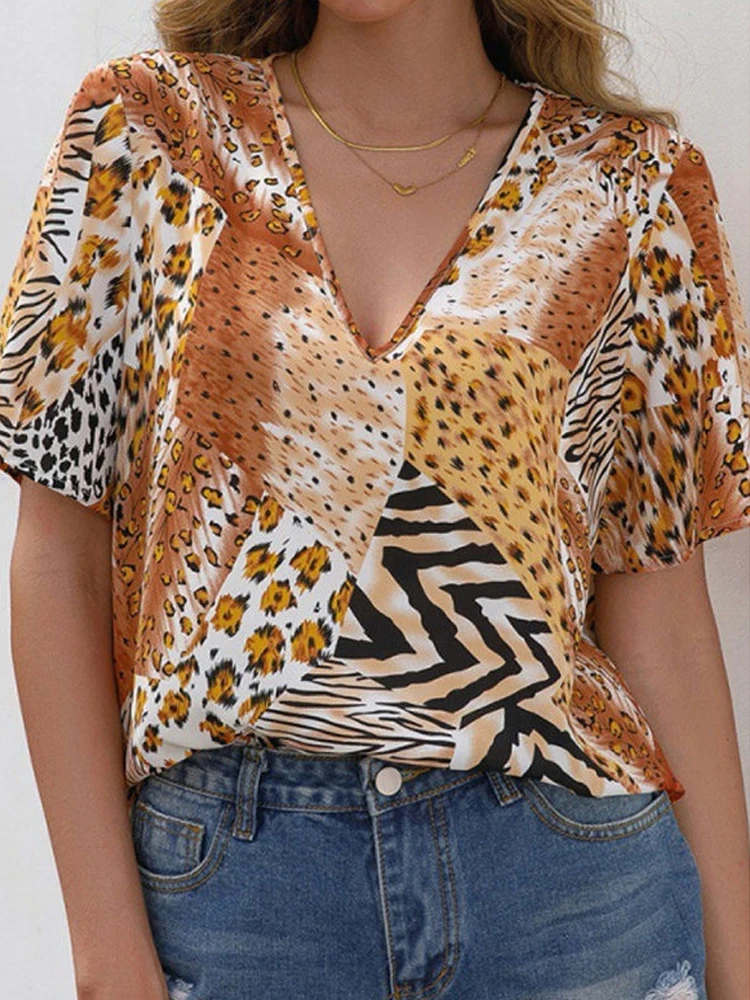 

Женская футболка с леопардовым принтом, свободная повседневная офисная футболка с V-образным вырезом и коротким рукавом, лето 2022