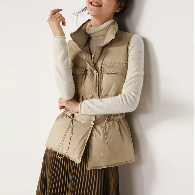 

Korean Style Down Vest Women Short High Collar Sleeveless Jacket Girls Winter White Duck Down Jacket Drawstring Pocket Down Coat