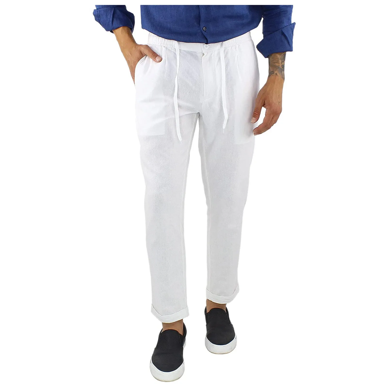 

Men's Solid Color Casual Cuffed Hem Lace-Up Cotton And Linen Trousers