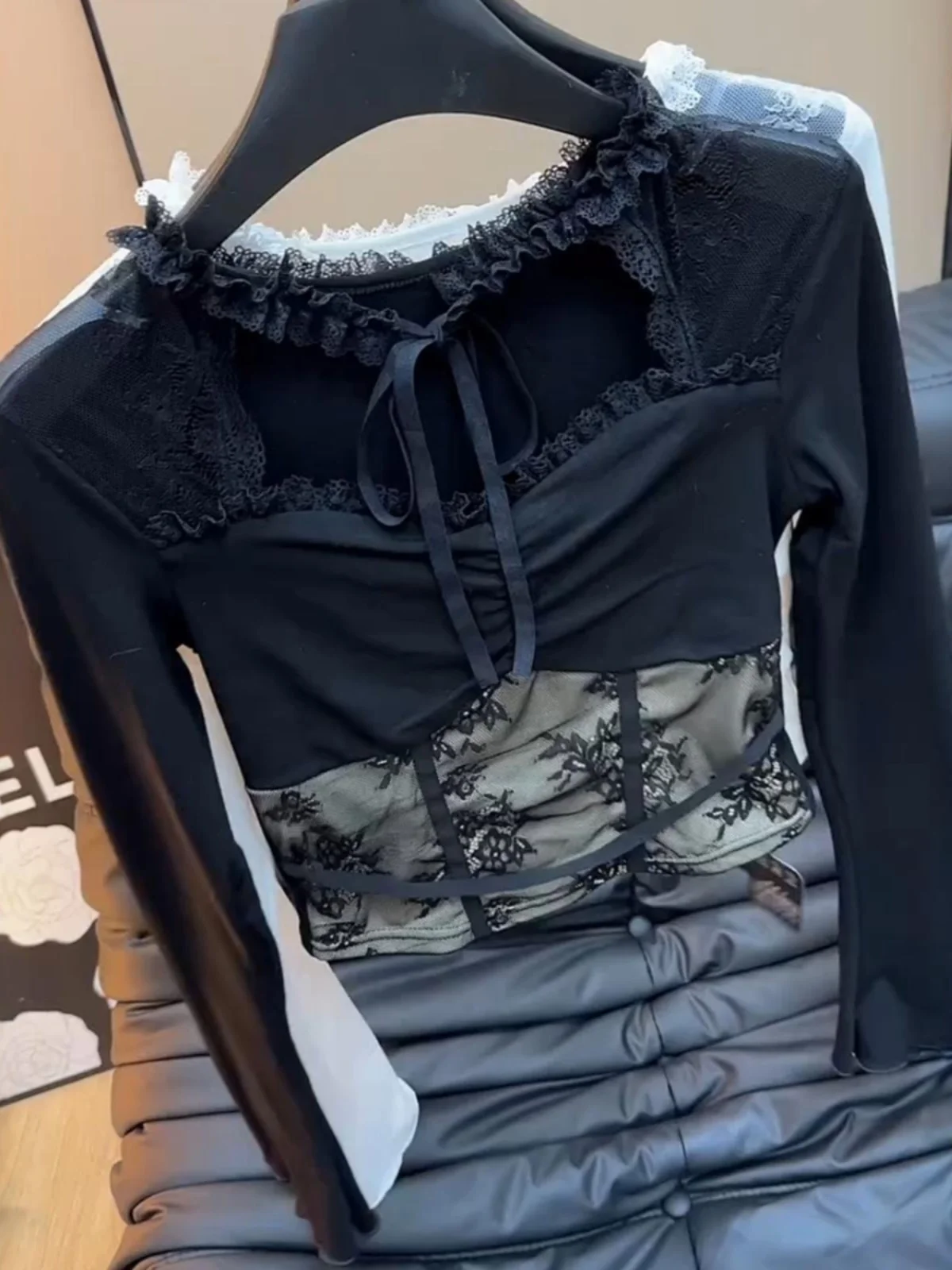 Большие размеры French sle 2024 осенне-зимняя кружевная строчка ажурный топ женская