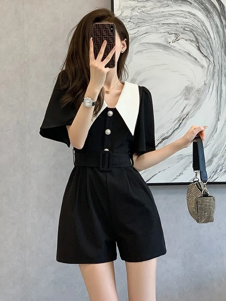 

Women 2022 Summer Fashion Doll Collar Playsuits Female Short Sleeve Wide Leg Short Pants Jumpsuits Elegant Casual Rompers P03