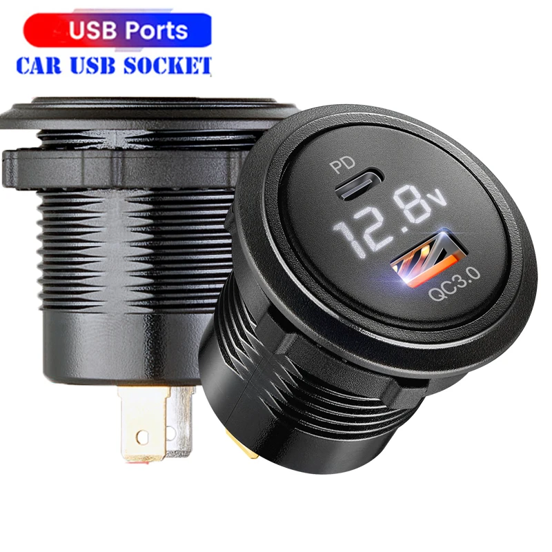 Фото Автомобильная розетка Voltemtercar, 12/24 в, 2 порта USB, зарядное устройство, розетка, USB-C PD & QC 3,0 для автомобиля, мотоцикла, с зарядным устройством для вольтметра №1