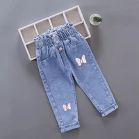 kids girl jeans floral cartoon long pants spring autumn graffiti painting print casual trousers with hole children denim pants